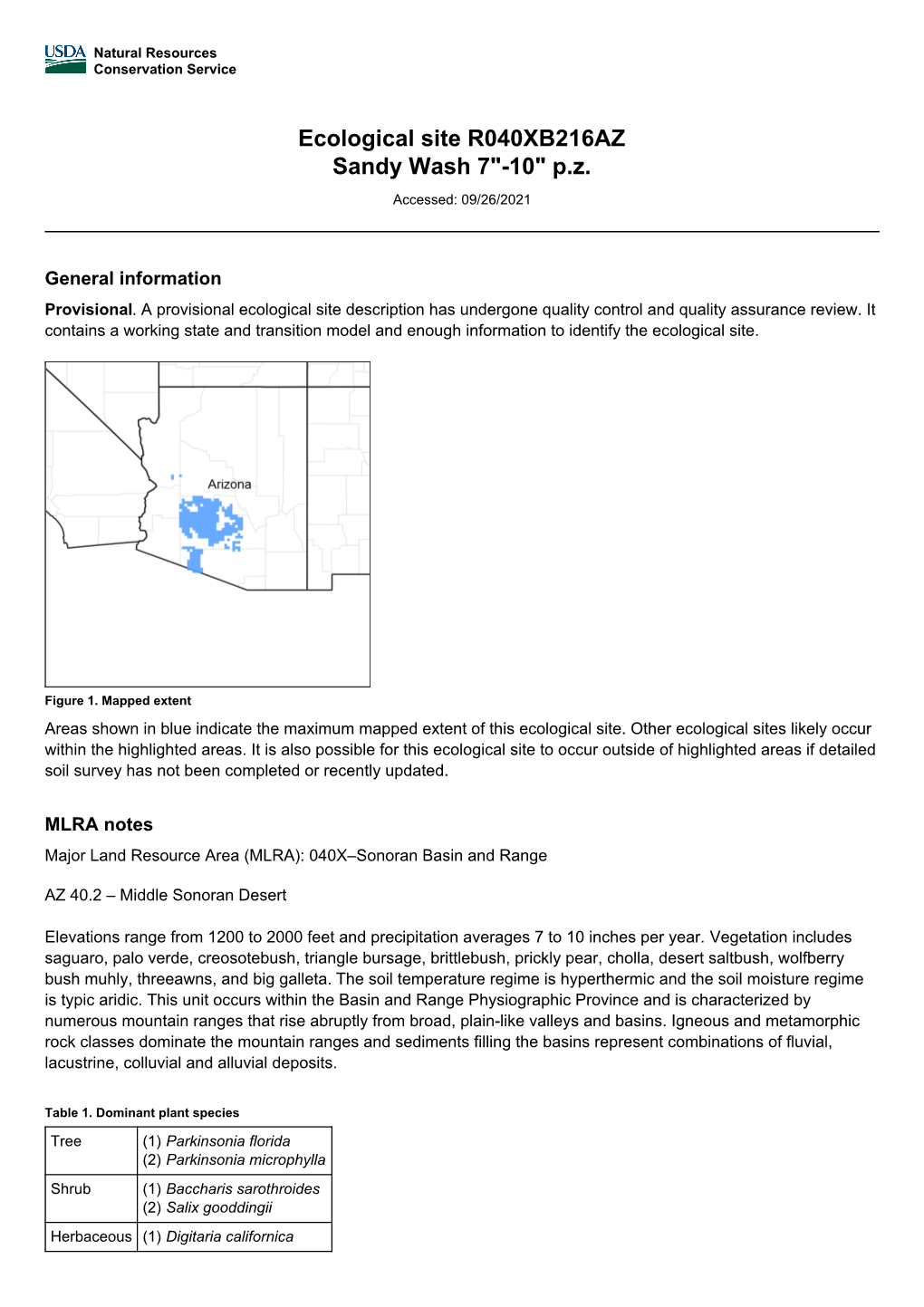 Ecological Site R040XB216AZ Sandy Wash 7"-10" P.Z