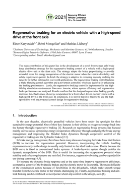 Regenerative Braking for an Electric Vehicle with a High-Speed Drive at the Front Axle