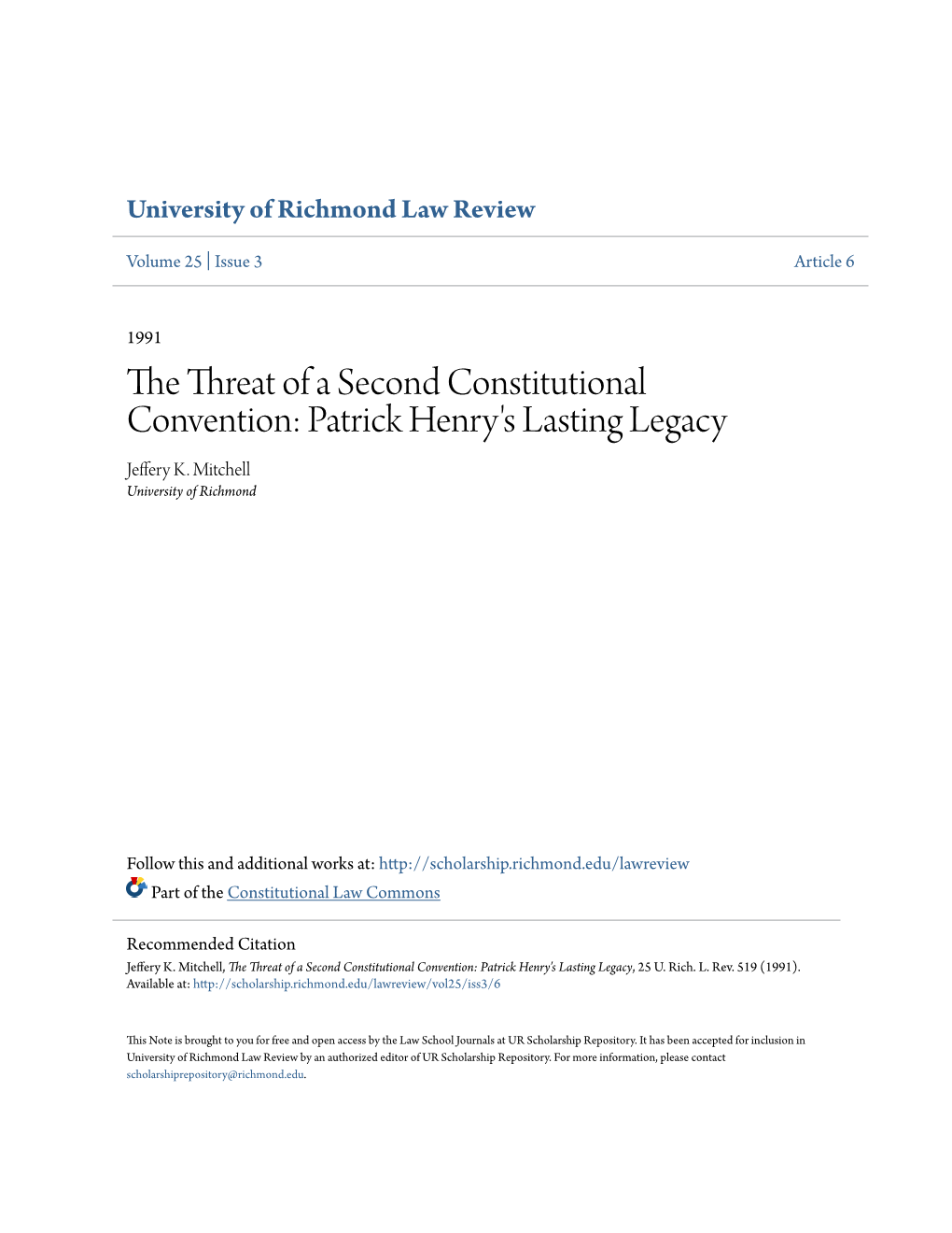 The Threat of a Second Constitutional Convention: Patrick Henry's Lasting Legacy Jeffery K