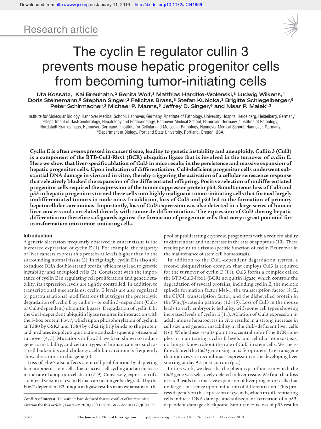 The Cyclin E Regulator Cullin 3 Prevents Mouse