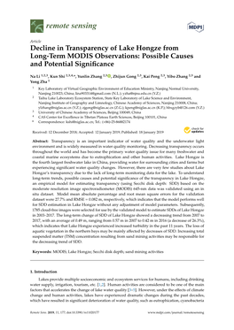 Decline in Transparency of Lake Hongze from Long-Term MODIS Observations: Possible Causes and Potential Signiﬁcance