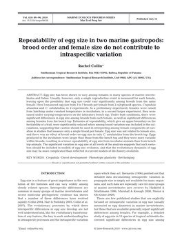 Repeatability of Egg Size in Two Marine Gastropods: Brood Order and Female Size Do Not Contribute to Intraspecific Variation
