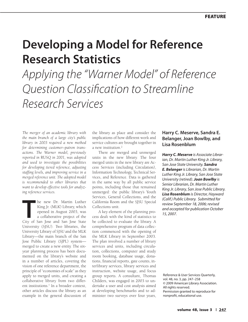 “Warner Model” of Reference Question Classification to Streamline Research Services