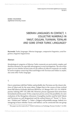 Collective Numerals in Yakut, Dolgan, Tuvinian, Tofalar 1And Some Other Turkic Languages*