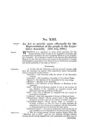 No. XIII. an Act to Provide More Effectually for the Representation of the People in the Legis­ Lative Assembly