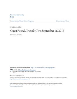 Guest Recital, Trios for Two, September 16, 2016 Lawrence University