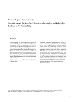 Greek Gymnasia for Non-Greek People. Archaeological and Epigraphic Evidence in Pre-Roman Italy