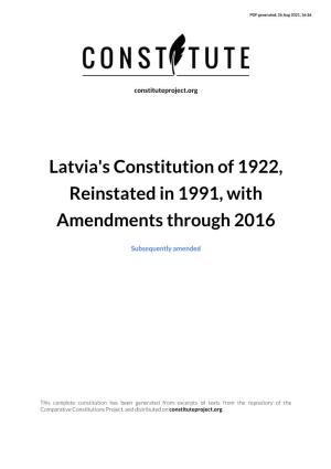 Latvia's Constitution of 1922, Reinstated in 1991, with Amendments Through 2016
