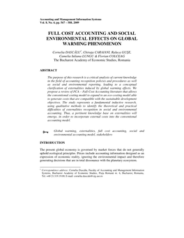 Full Cost Accounting and Social Environmental Effects on Global Warming Phenomenon
