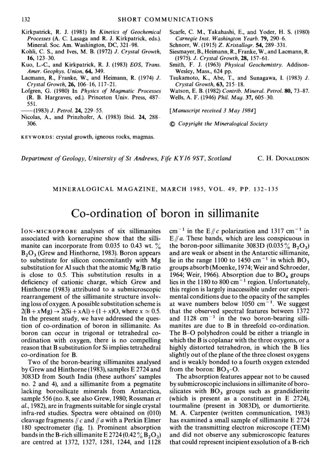 Co-Ordination of Boron in Sillimanite