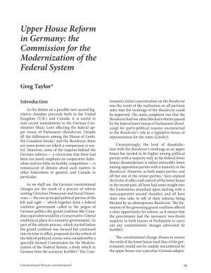 Upper House Reform in Germany: the Commission for the Modernization of the Federal System