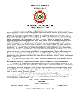 REPUBLIC of PARAGUAY 5.400% Bonds Due 2050