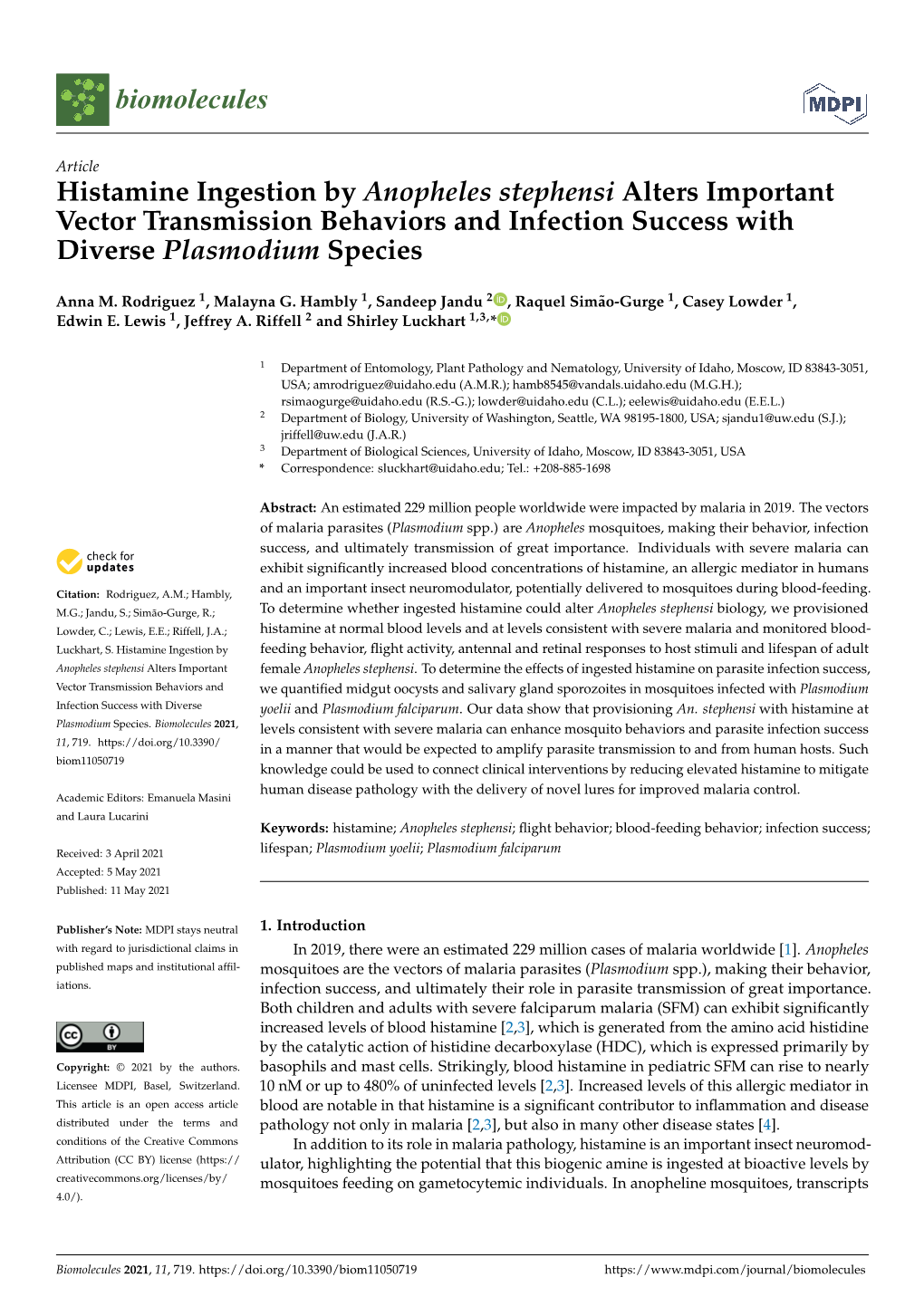 Histamine Ingestion by Anopheles Stephensi Alters Important Vector Transmission Behaviors and Infection Success with Diverse Plasmodium Species