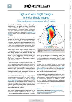 Highs and Lows: Height Changes in the Ice Sheets Mapped EGU Press Release on Research Published in the Cryosphere