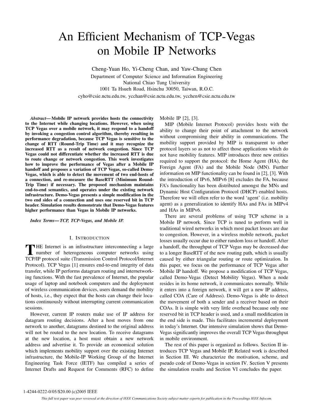 An Efficient Mechanism of TCP-Vegas on Mobile IP Networks
