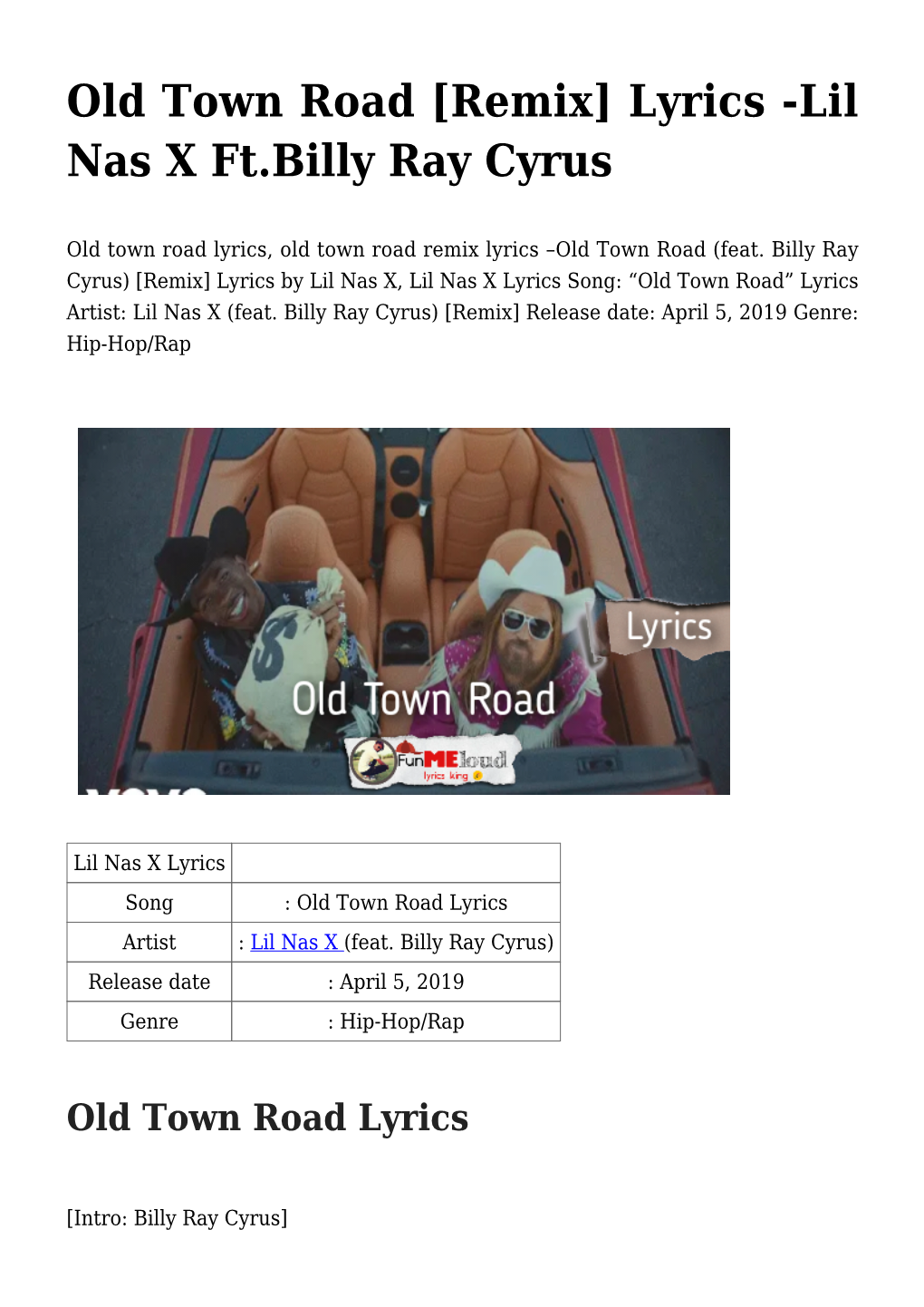 Old Town Road [Remix] Lyrics -Lil Nas X Ft.Billy Ray Cyrus