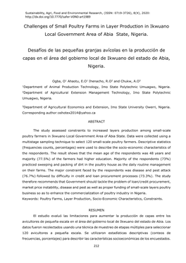 Challenges of Small Poultry Farms in Layer Production in Ikwuano Local Government Area of Abia State, Nigeria