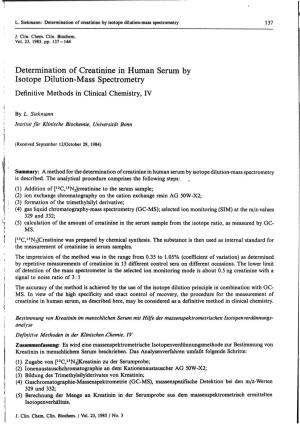 Determination of Creatinine in Human Serum by Isotope Dilution-Mass Spectrometry : Definitive Methods in Clinical Chemistry, IV I \ by L