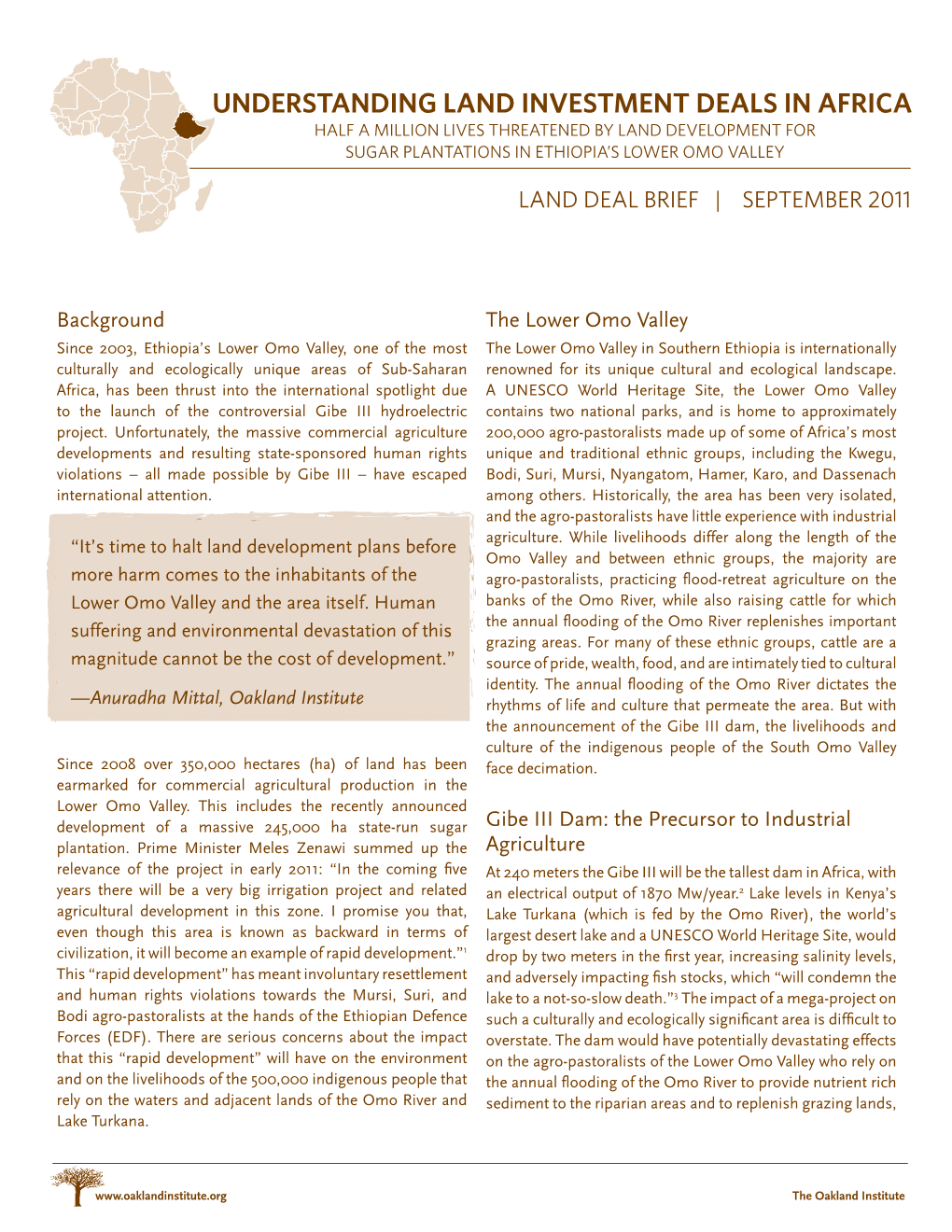 Understanding Land Investment Deals in Africa Half a Million Lives Threatened by Land Development for Sugar Plantations in Ethiopia’S Lower Omo Valley