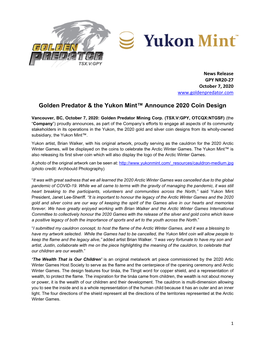 GPY NR20-27 Yukon Mint 2020 Designs Announced