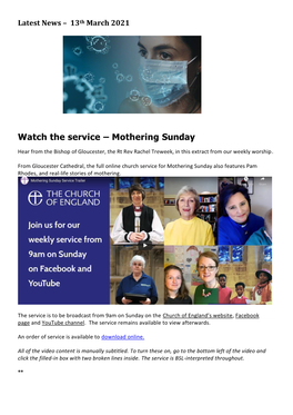 Watch the Service – Mothering Sunday