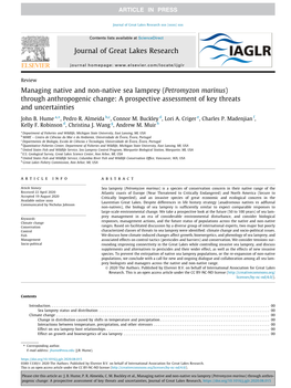 Managing Native and Non-Native Sea Lamprey (Petromyzon Marinus) Through Anthropogenic Change: a Prospective Assessment of Key Threats and Uncertainties ⇑ John B