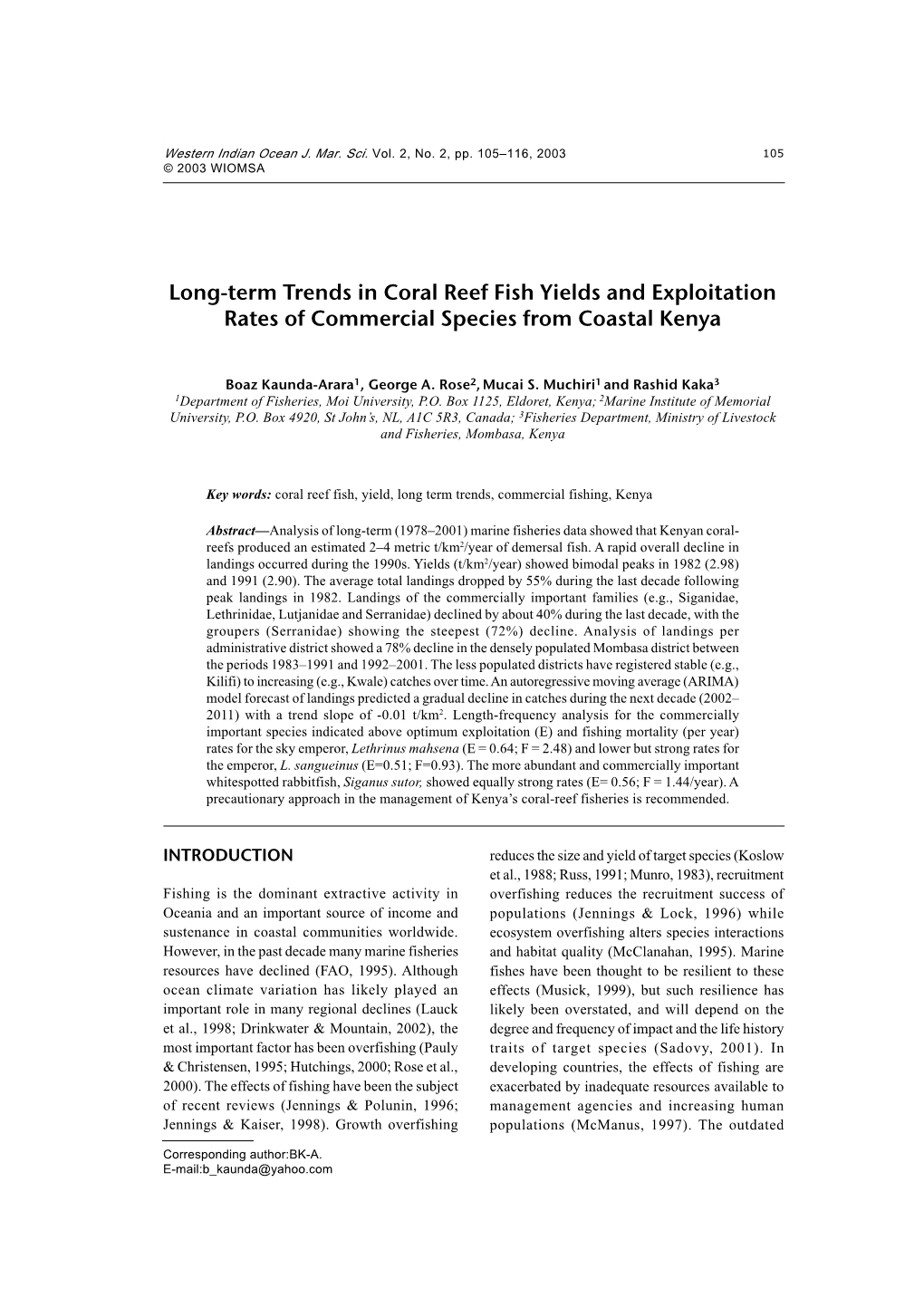 Long-Term Trends in Coral Reef Fish Yields and Exploitation Rates Of