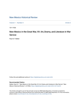 New Mexico in the Great War, VII: Art, Drama, and Literature in War Service