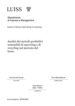 Analisi Dei Metodi Produttivi Sostenibili Di Upcycling E Di Recycling Nel Mercato Del Lusso