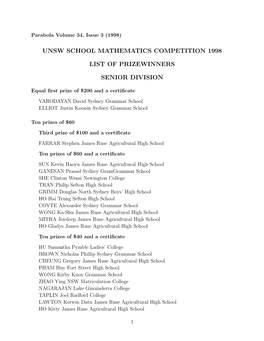 Unsw School Mathematics Competition 1998 List of Prizewinners Senior Division