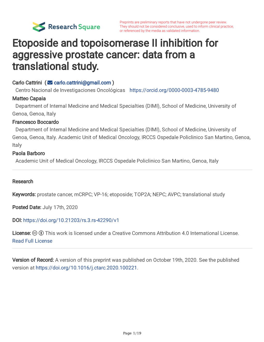Etoposide and Topoisomerase II Inhibition for Aggressive Prostate Cancer: Data from a Translational Study