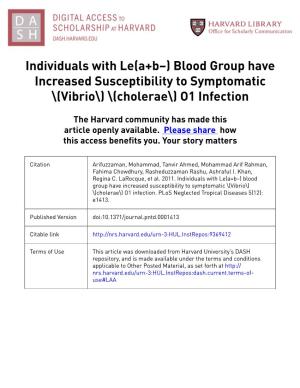 Blood Group Have Increased Susceptibility to Symptomatic \(Vibrio\) \(Cholerae\) O1 Infection