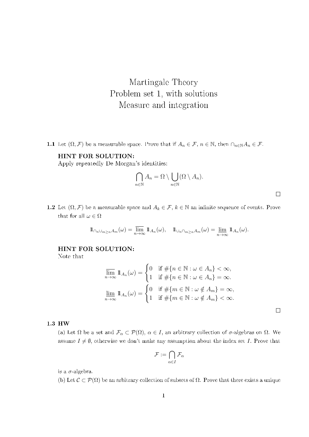 Martingale Theory Problem Set 1, With Solutions Measure And Integration ...