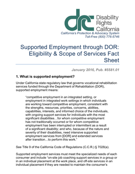 Supported Employment Through DOR: Eligibility & Scope of Services Fact