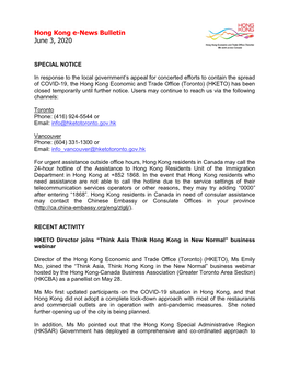 Hong Kong E-News Bulletin June 3, 2020