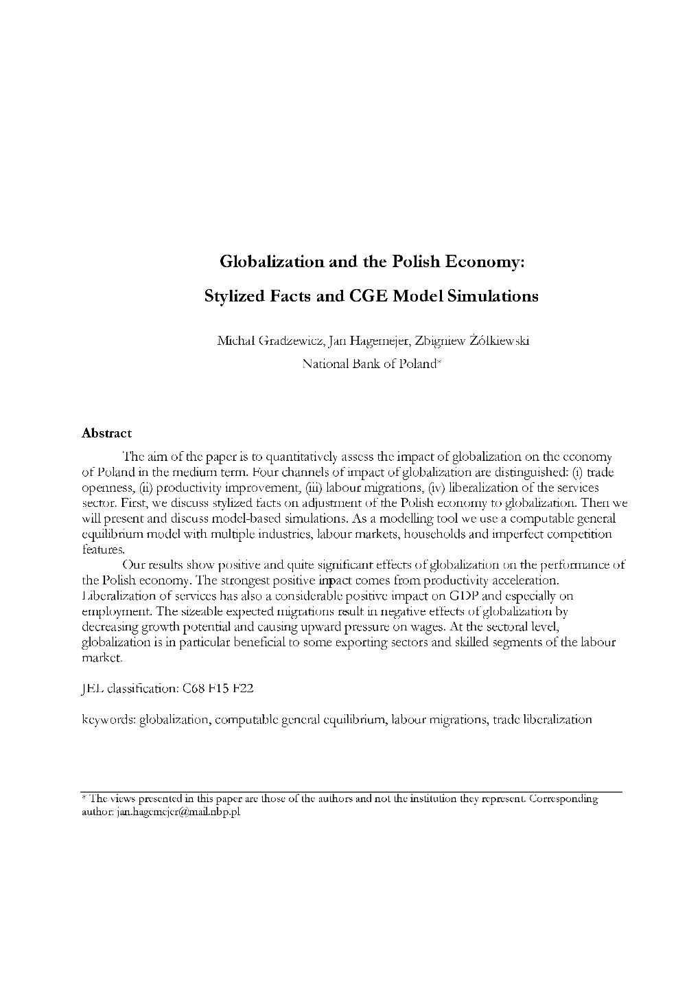 Globalization and the Polish Economy: Stylized Facts and CGE Model Simulations