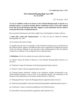 The National Housing Bank Act, 1987 No