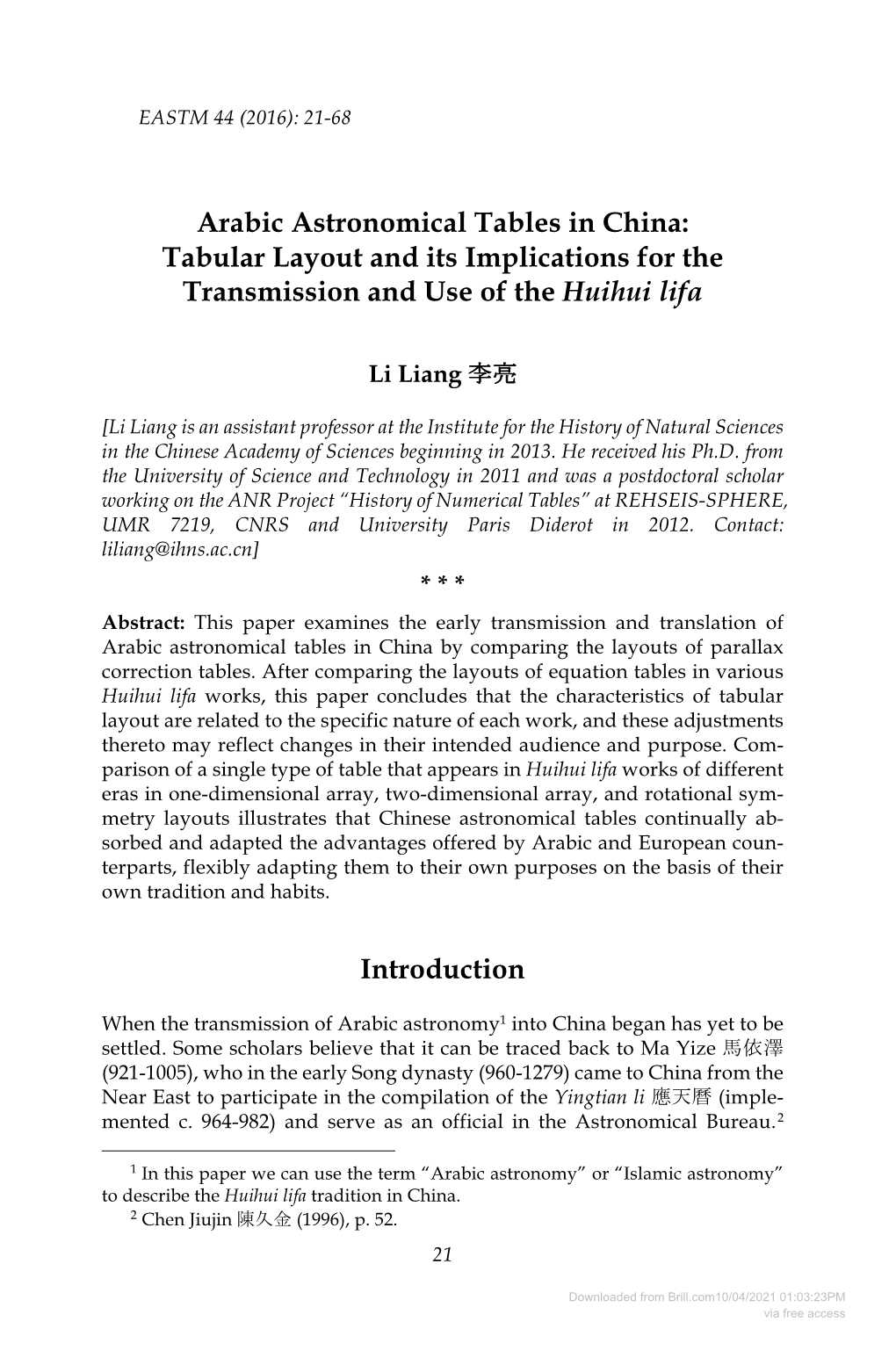 Arabic Astronomical Tables in China: Tabular Layout and Its Implications for the Transmission and Use of the Huihui Lifa