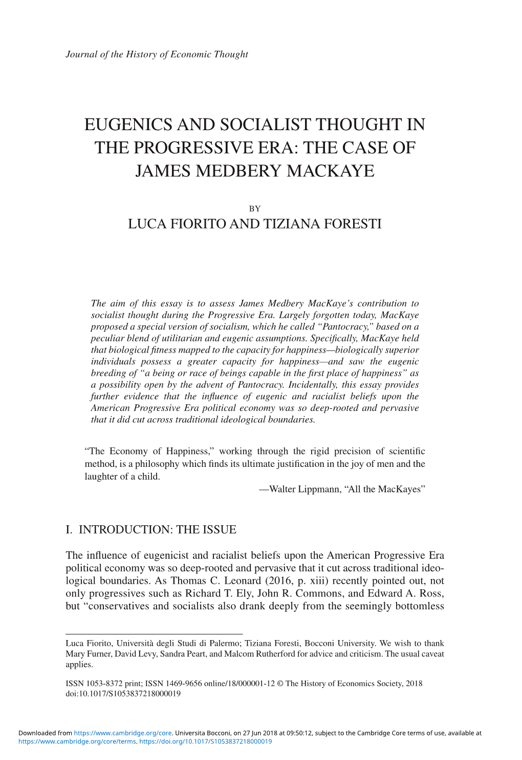 Eugenics and Socialist Thought in the Progressive Era: the Case of James Medbery Mackaye