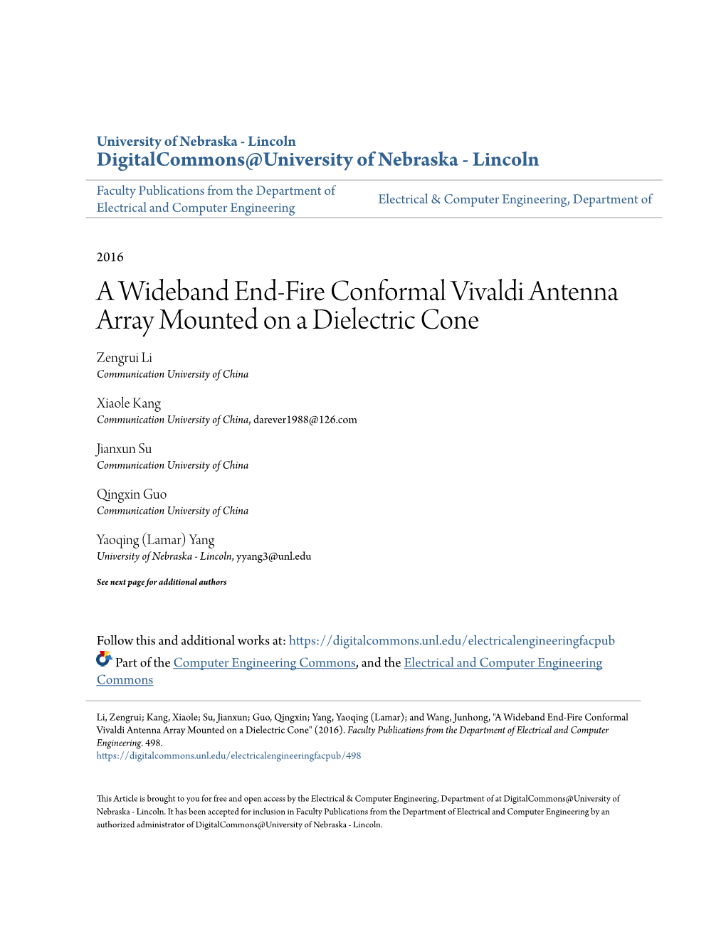 A Wideband End-Fire Conformal Vivaldi Antenna Array Mounted on a Dielectric Cone Zengrui Li Communication University of China