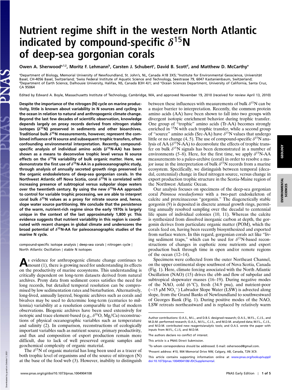Nutrient Regime Shift in the Western North Atlantic Indicated by Compound-Specific Δ15 N of Deep-Sea Gorgonian Corals