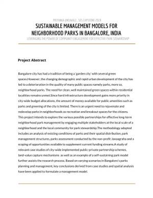 Sustainable Management Models for Neighborhood Parks in Bangalore, India Leveraging the Power of Community Engagement for Effective Park Stewardship