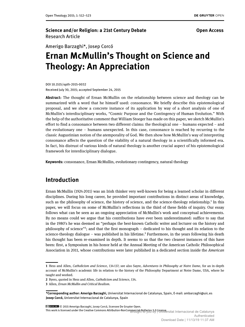 Ernan Mcmullin's Thought on Science and Theology: an Appreciation