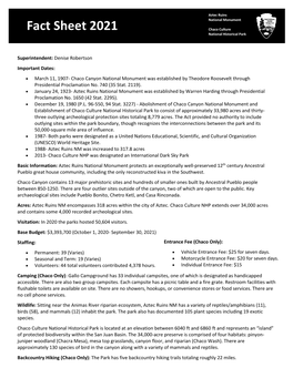 Fact Sheet 2021 Chaco Culture National Historical Park
