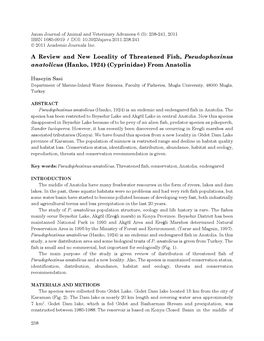 A Review and New Locality of Threatened Fish, Pseudophoxinus Anatolicus (Hanko, 1924) (Cyprinidae) from Anatolia