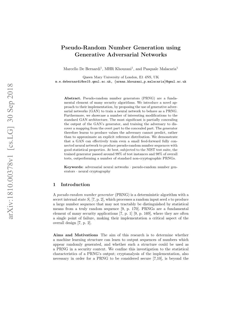 Arxiv:1810.00378V1 [Cs.LG] 30 Sep 2018 a Single Point of Failure, Making Their Implementation a Critical Aspect of the Overall Design [7, P