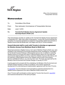 Toronto / York Steeles Avenue Agreement Update