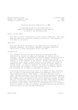 Network Working Group T. Berners-Lee Request for Comments: 1630 CERN Category: Informational June 1994