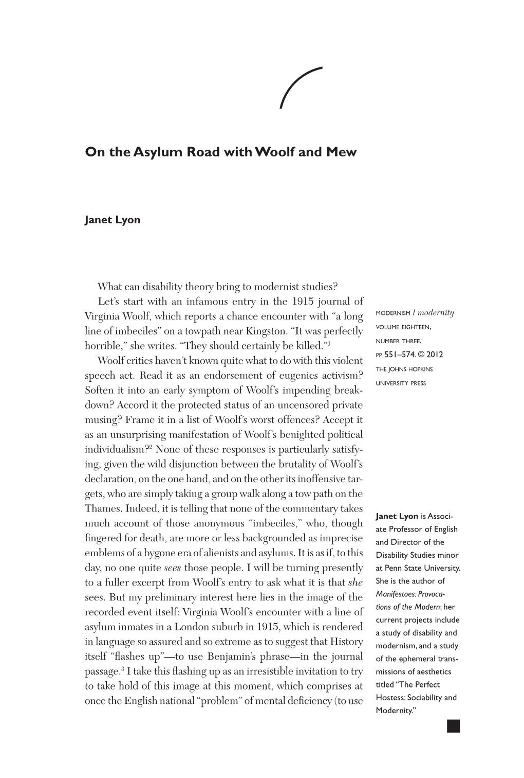 Janet Lyon, “On the Asylum Road with Woolf and Mew”