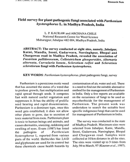 Field Survey for Plant Pathogenic Fungi Associated with Parthenium Hysterophorus L